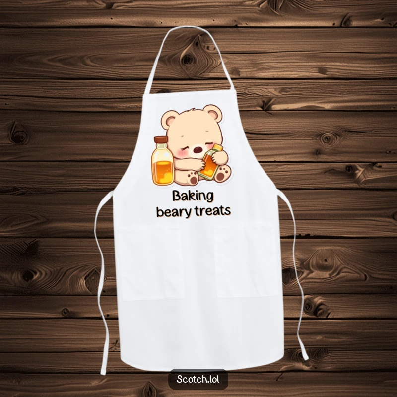 Funny Bear Cub Apron showing a contented cub snuggled with a glowing bottle, adding cozy humor to kitchen activities.