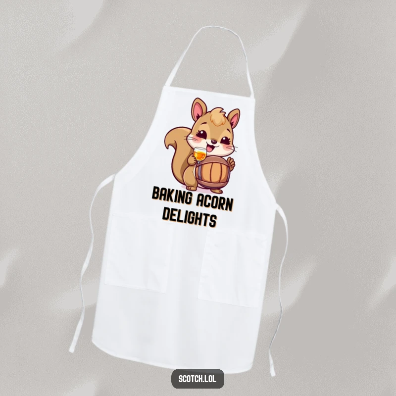Funny Squirrel Apron showing a cheerful squirrel toasting with a tiny barrel, adding woodland humor to kitchen activities.