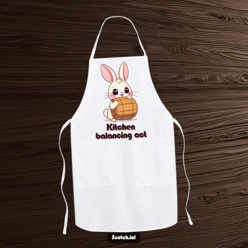 Funny Apron featuring a playful rabbit with wide eyes balancing a small barrel on its nose.
