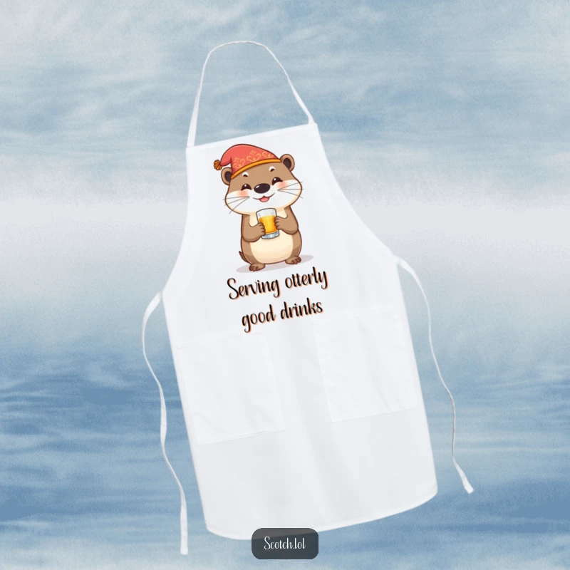 Funny Otter Apron showing a festive otter holding a whiskey glass, perfect for adding humor to cooking.