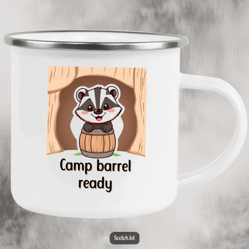 Funny Camping Mug with a happy badger peeking from a tiny barrel, its cheerful grin perfect for travel.