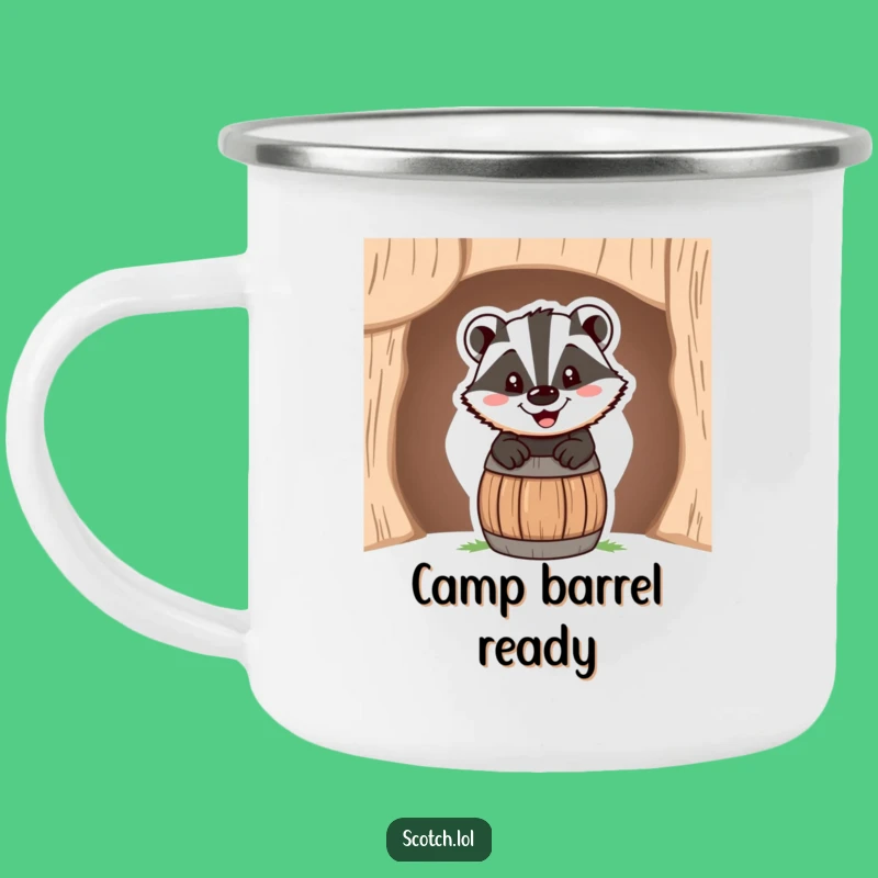 Funny Badger Barrel Camping Mug: Cheerful Grin Enamel Cup, Outdoor Adventure Gift