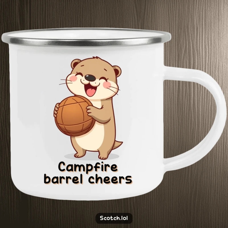 Funny otter camping mug, durable and portable, with a happy otter holding a barrel, perfect for outdoor enthusiasts.