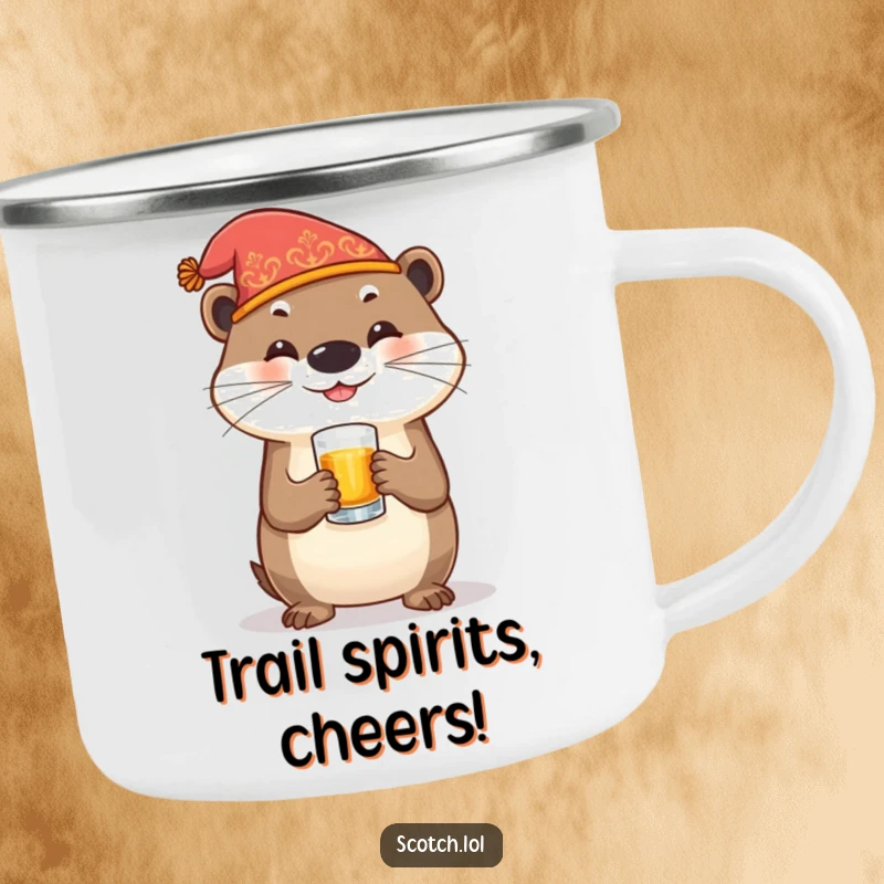 Funny Otter Camping Mug with a festive otter holding a whiskey glass, perfect for outdoor celebrations.