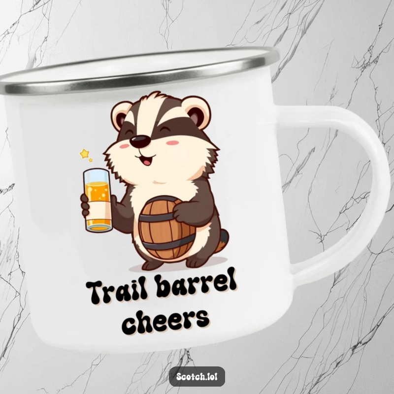 Funny Badger Camping Mug toasting with a miniature whisky barrel, a durable and humorous mug for outdoor excursions.