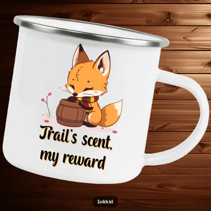 Funny fox cub camping mug, durable and portable, with a fox cub in a scarf sniffing a barrel, perfect for outdoor enthusiasts.