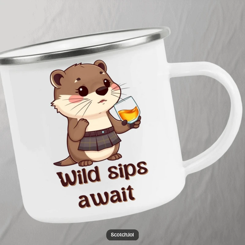 Funny Otter Camping Mug in a kilt, sipping whisky, a durable and humorous mug for outdoor enthusiasts.