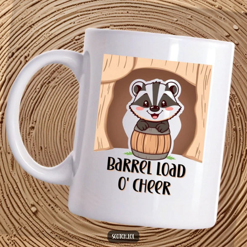 Funny Mug featuring a happy badger with a cheerful grin peeking out of a miniature barrel, bringing joy.