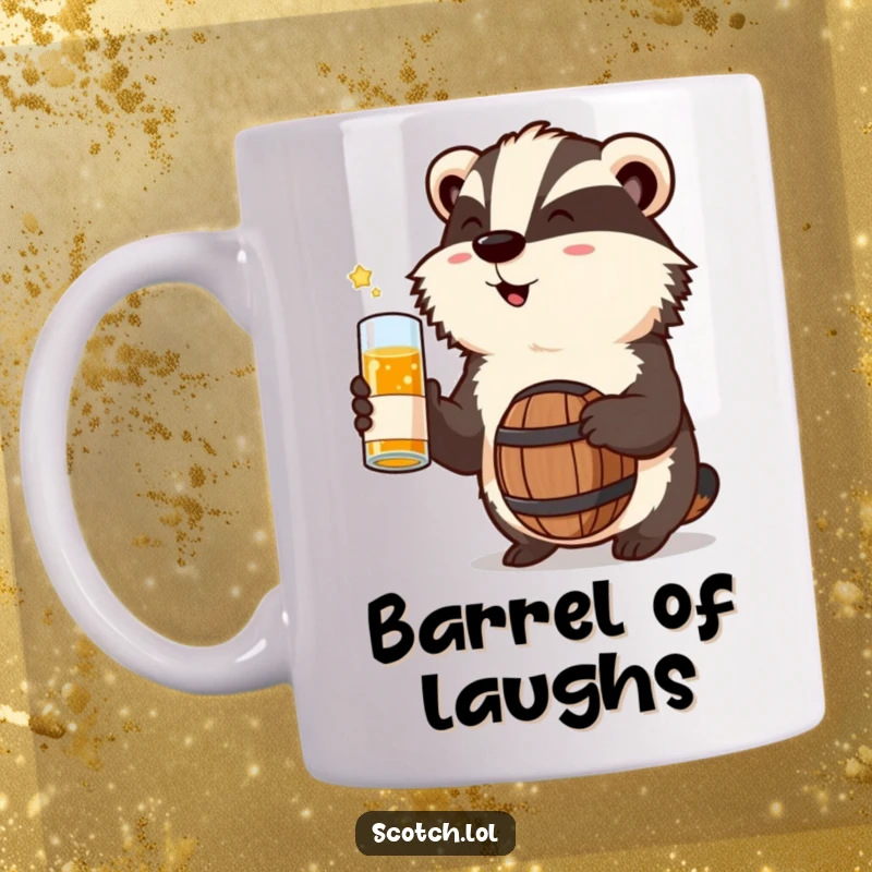 Funny Badger Mug cheering with a miniature whisky barrel, a humorous and celebratory design for gift-givers.