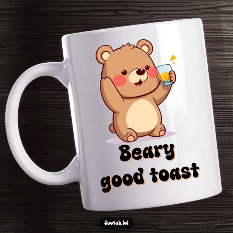 Funny Bear Mug raising a small whisky glass in a toast, a friendly and celebratory design for gift-givers.