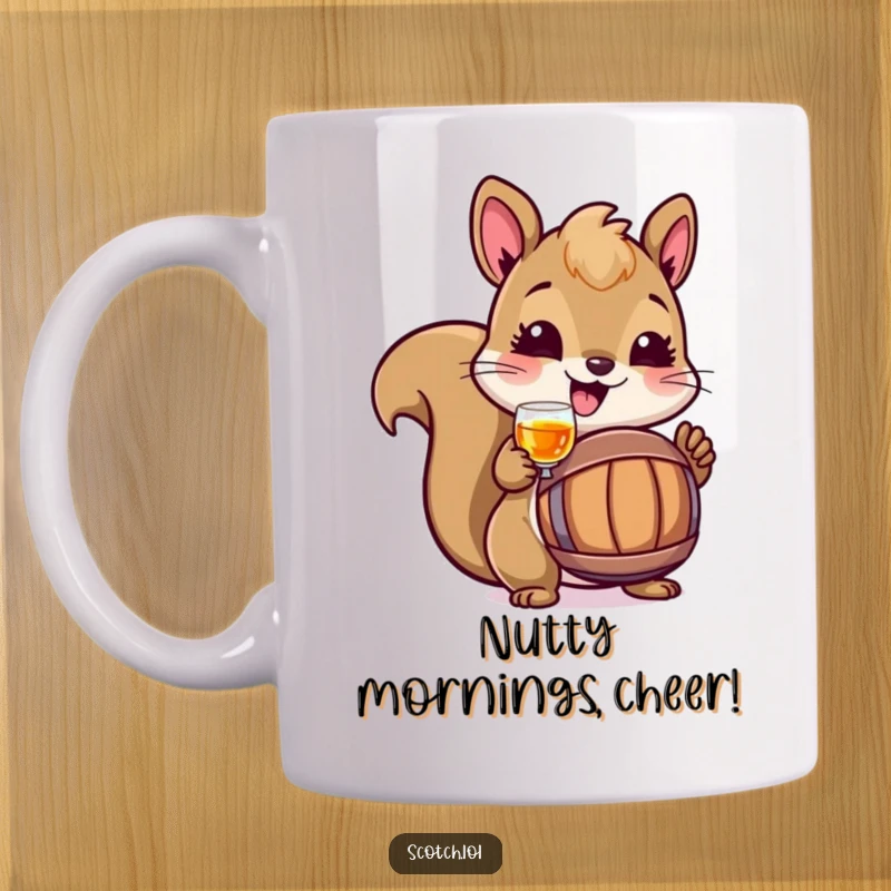 Funny Squirrel Mug featuring a cheerful squirrel toasting with a miniature barrel of amber liquid, embodying spirited fun.