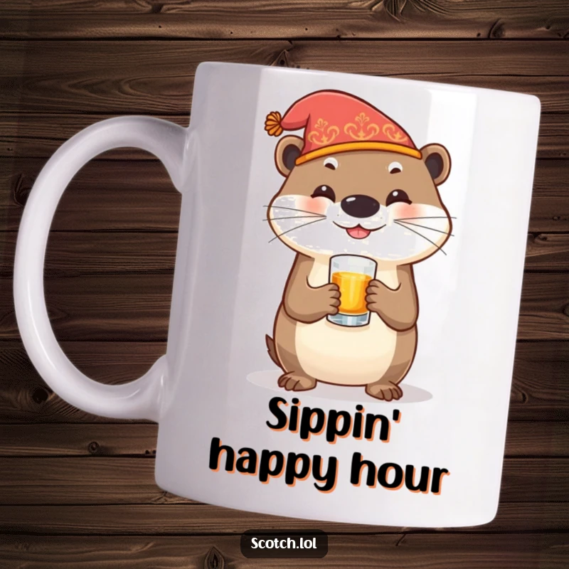 Funny Otter Mug with a happy otter in a festive hat holding a whiskey glass, perfect for celebrations and humor.