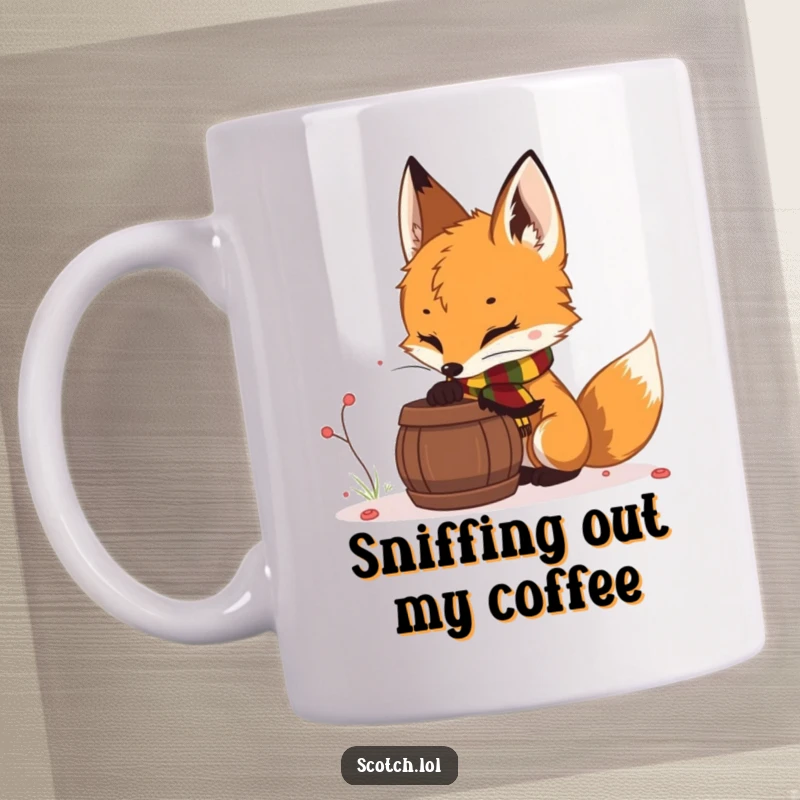 Funny fox cub mug, wearing a tartan scarf, curiously sniffing a barrel, evoking cozy forest vibes.