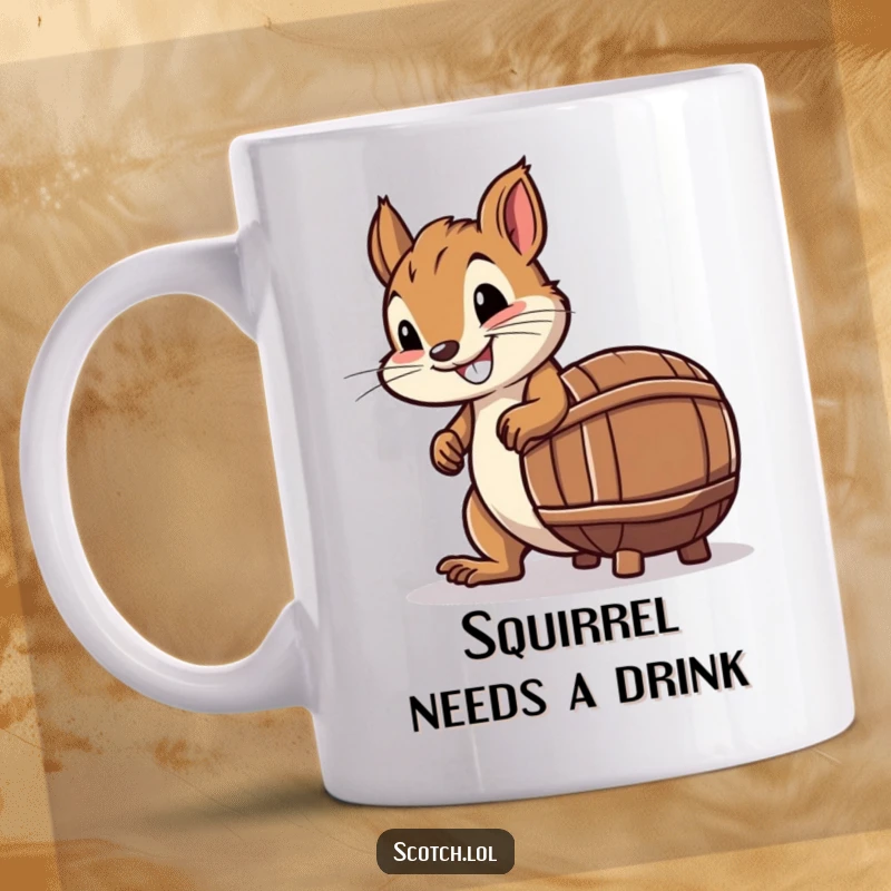 Funny Mug featuring a smiling squirrel attempting to roll a tiny barrel shaped like a whiskey bottle.