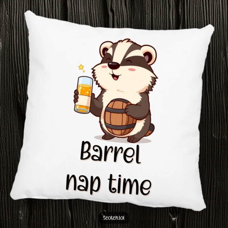Funny Badger Pillow holding a miniature whisky barrel, a soft and humorous decorative accent.