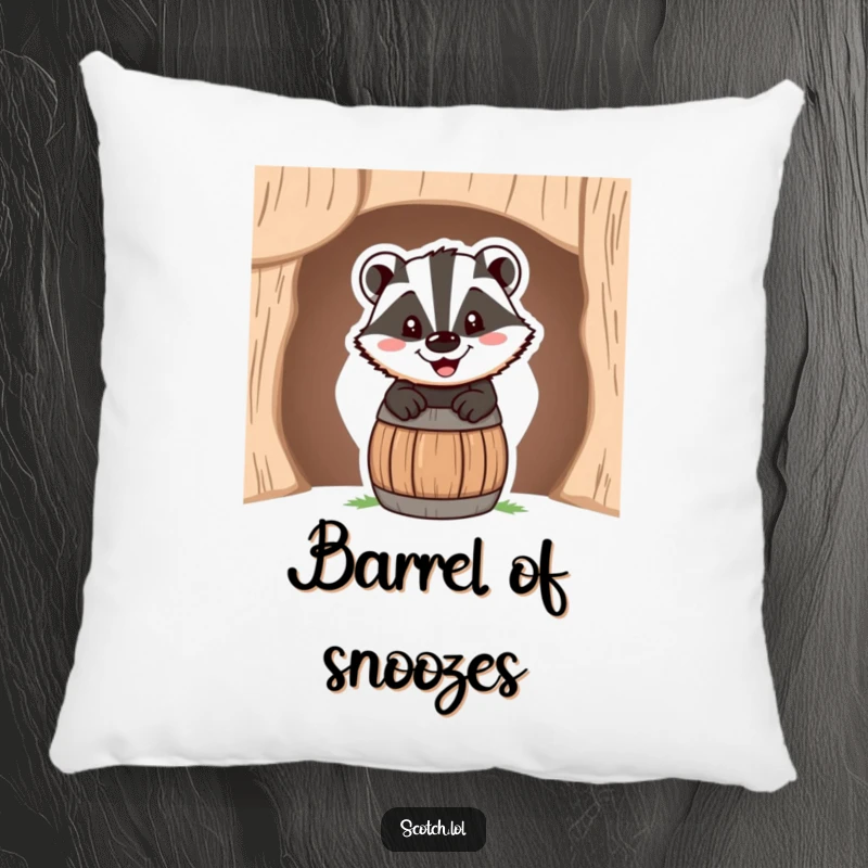 Funny Pillow featuring a happy badger with a cheerful grin peeking out of a miniature barrel, perfect for cuddling.