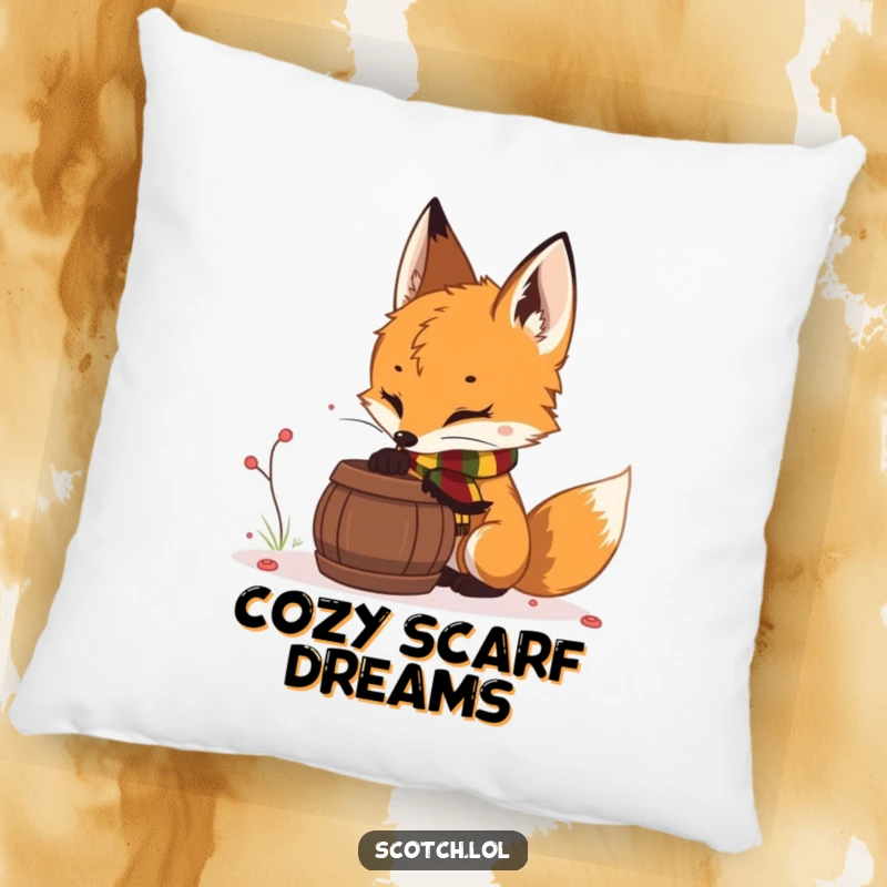 Funny fox cub pillow, soft and decorative, featuring a fox cub in a scarf sniffing a barrel, adding forest charm.