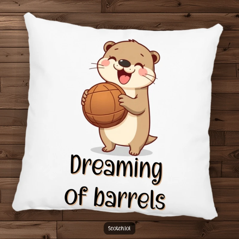 Funny otter pillow, soft and decorative, featuring a happy otter holding a barrel, adding river charm and humor.