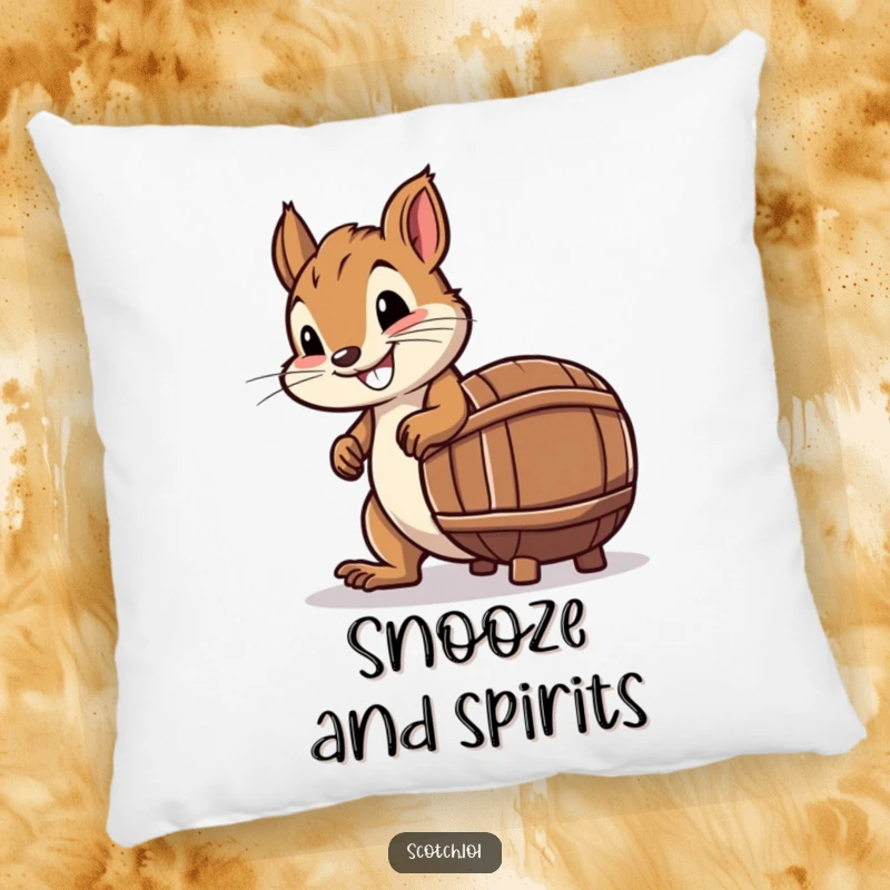 Funny Pillow with a smiling squirrel attempting to roll a tiny whiskey bottle-shaped barrel, perfect for naps.