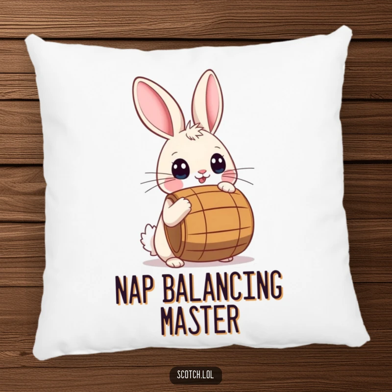 Funny Pillow with a playful rabbit with wide eyes balancing a small barrel on its nose, perfect for cuddling.