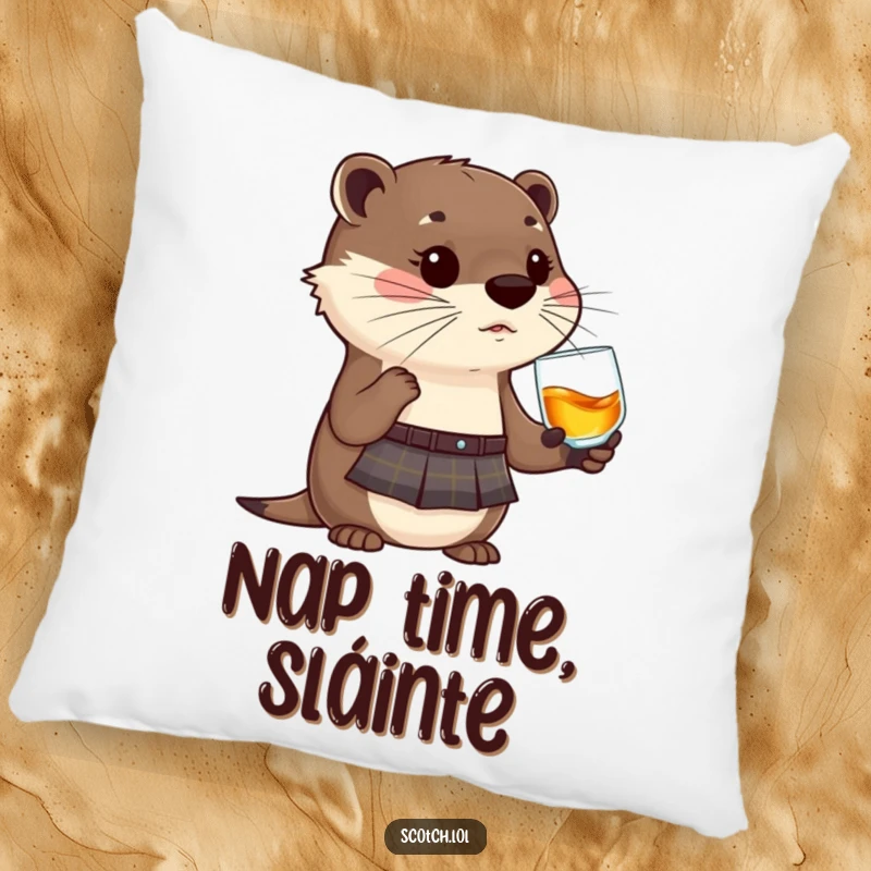 Funny Otter Pillow wearing a kilt, sipping whisky, a soft and humorous decorative accent for any room.