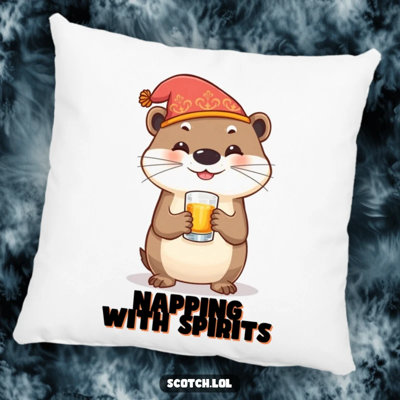 Funny Otter Pillow featuring a festive otter with a whiskey glass, offering cozy comfort and playful humor.