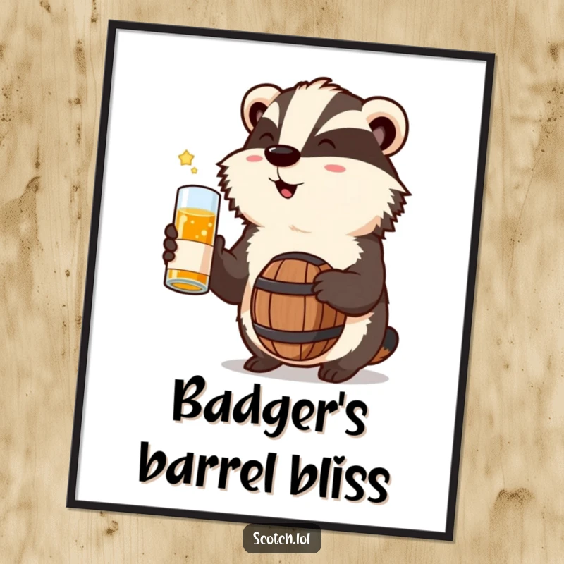 Funny Badger Digital Art Print of a badger celebrating with a miniature whisky barrel, humorous and cheerful.