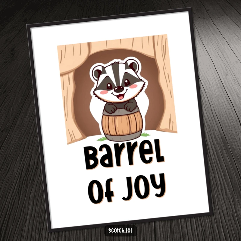 Funny Digital Art Print of a happy badger with a cheerful grin peeking from a miniature barrel, for instant decor.