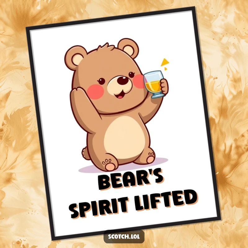 Funny Bear Digital Art Print of a friendly bear raising a whisky glass, humorous and cheerful.