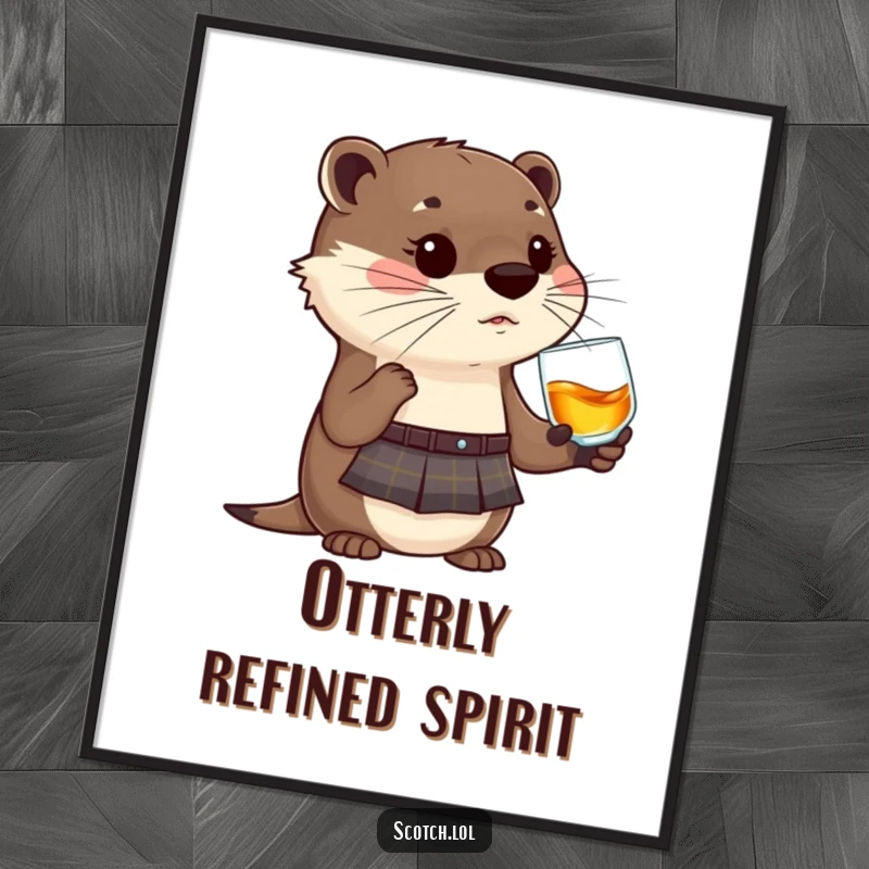 Funny Otter Digital Art Print of a kilt-wearing otter with a whisky glass, humorous and cute.