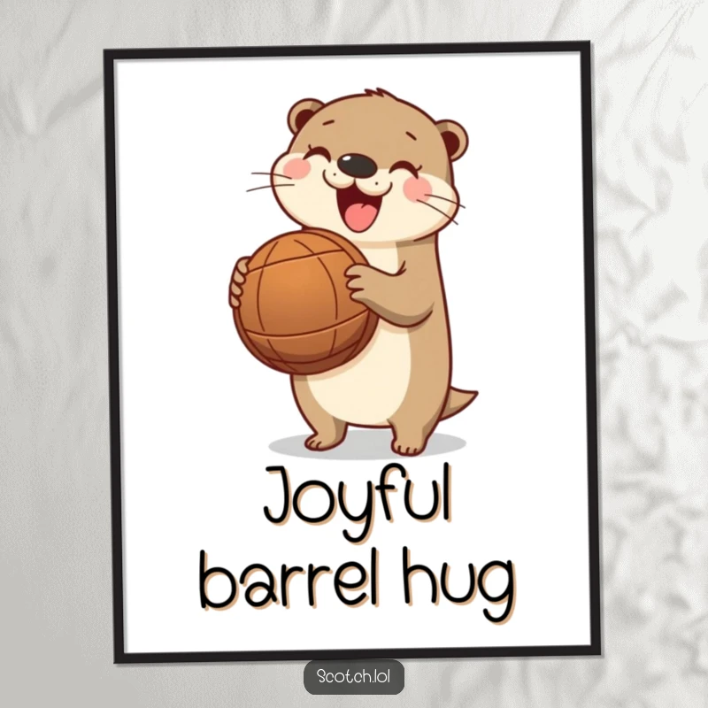 Funny otter digital art print, showing a happy otter holding a barrel, creating instant river charm and humor.