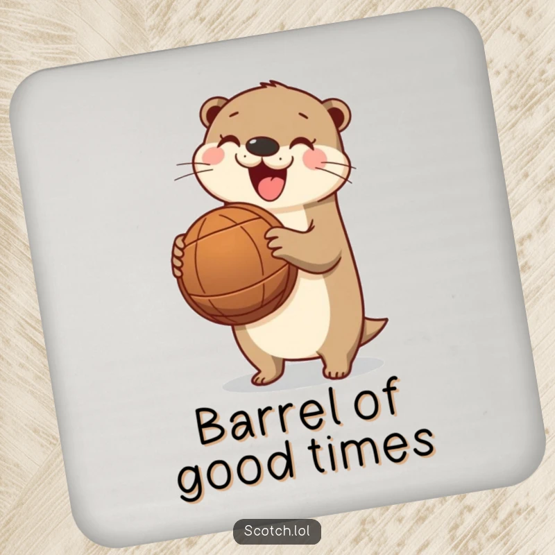 Funny otter drink coasters, protecting surfaces with river flair, a happy otter holding a barrel, adding playful humor.
