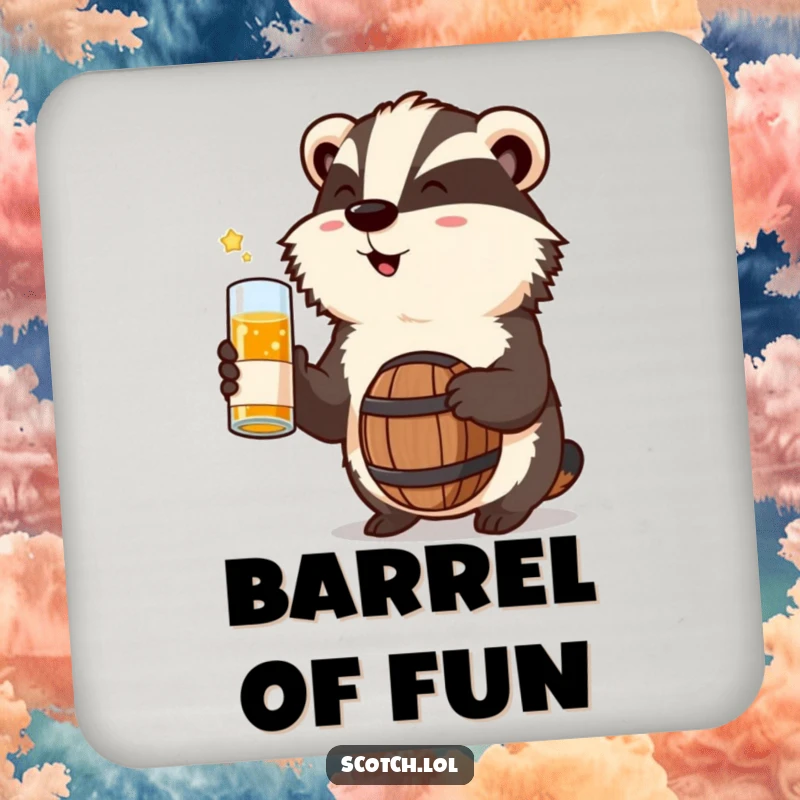 Funny Badger Coaster toasting with a miniature whisky barrel, a humorous and practical drink accessory.