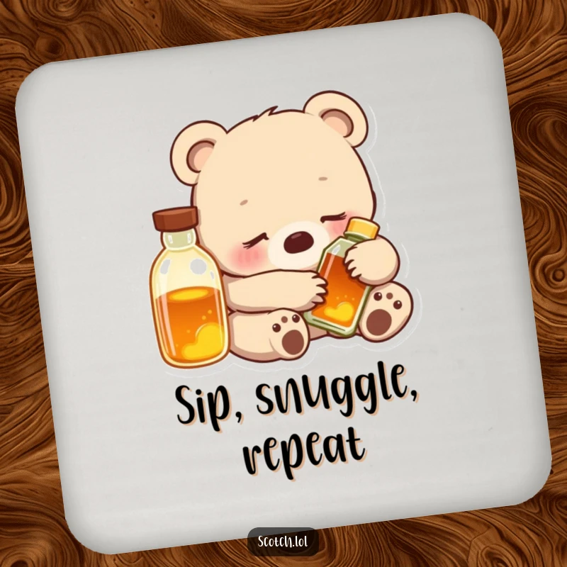 Funny Bear Cub Coaster set featuring contented cubs snuggled with glowing bottles, offering protection with cozy humor.