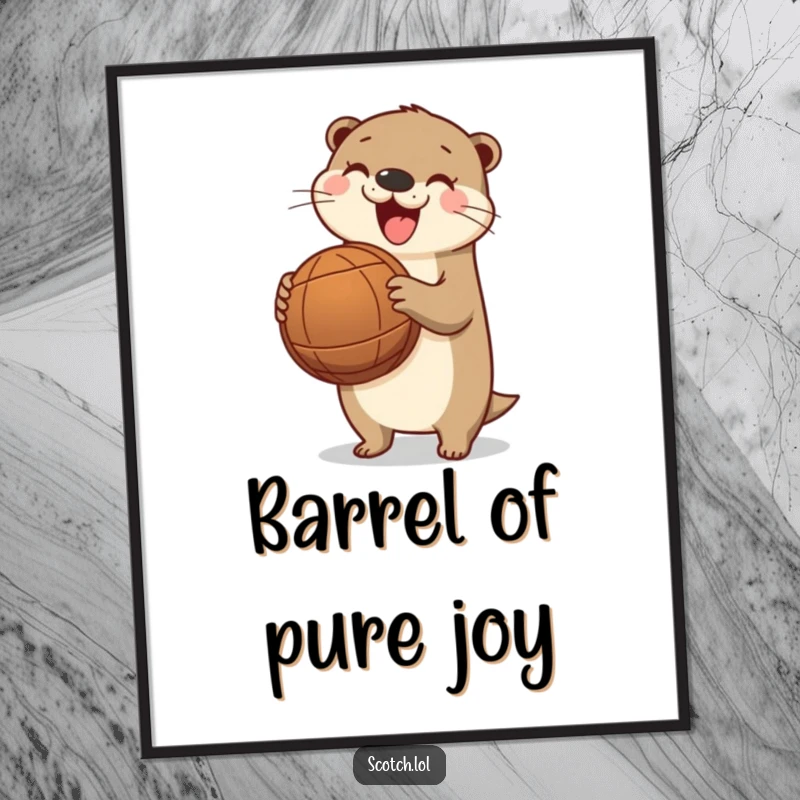 Funny otter poster, cute river art, a happy otter holding a barrel, bringing playful wildlife charm indoors.