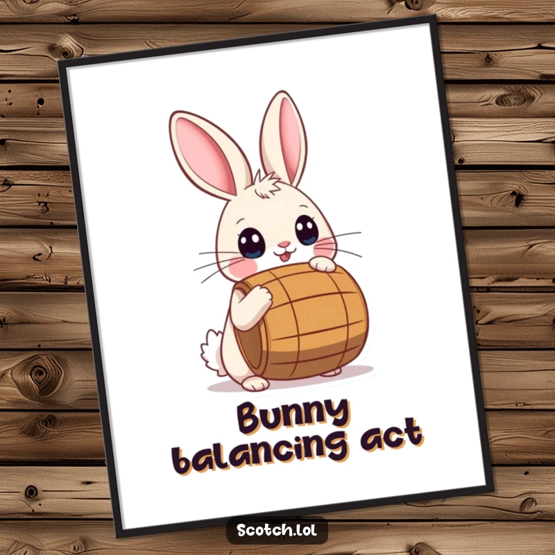 Funny Poster of a playful rabbit with wide eyes balancing a small barrel on its nose, full of wonder.