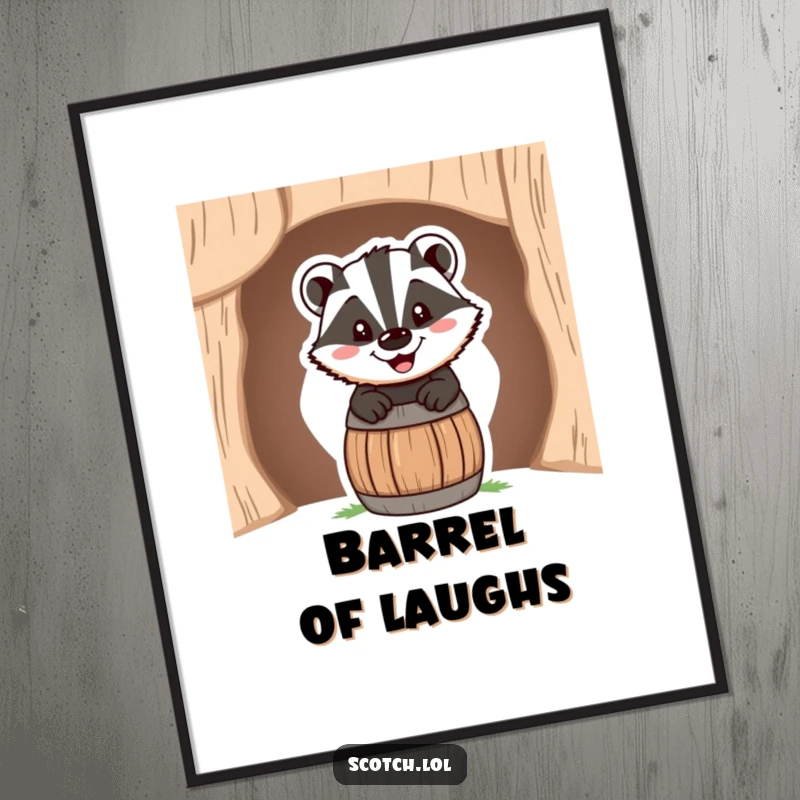 Funny Poster of a happy badger with a cheerful grin, peeking playfully out of a miniature barrel.