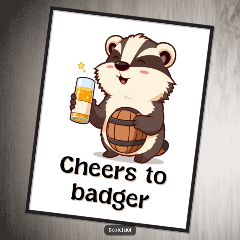 Funny Badger Poster celebrating with a miniature whisky barrel, a whimsical and humorous piece of wall art.