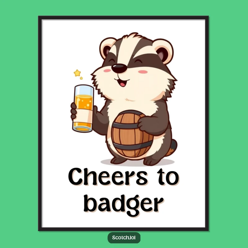 Funny Badger Whisky Barrel Poster - Whimsical Wildlife Art Print
