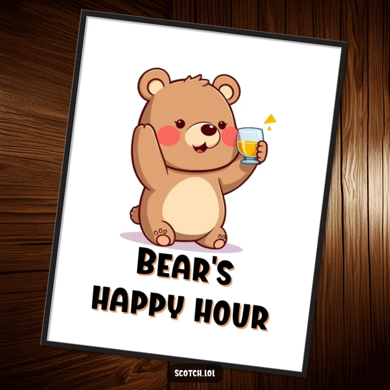 Funny Bear Poster raising a small whisky glass in a toast, a friendly and humorous piece of wall art.