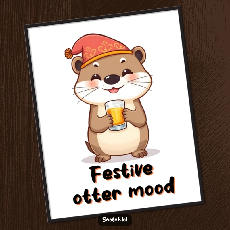 Funny Otter Poster depicting a happy otter in a festive hat holding a whiskey glass, bringing celebratory vibes.