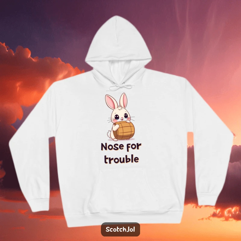 Funny Hoodie featuring a playful rabbit with wide eyes balancing a small barrel on its nose.