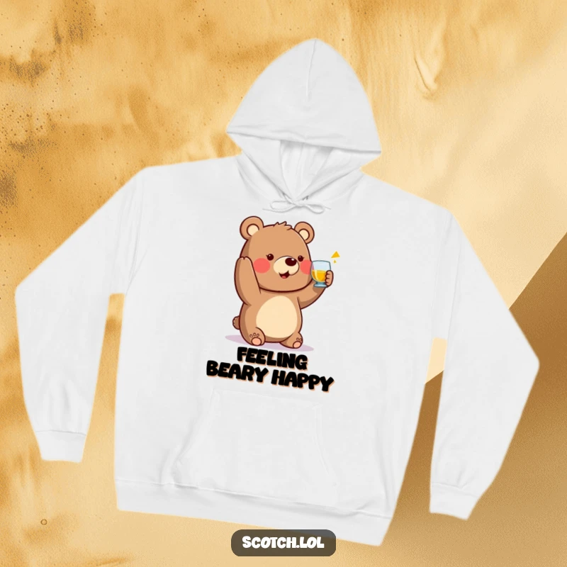 Funny Bear Hoodie raising a small whisky glass in a toast, a warm and humorous apparel choice.