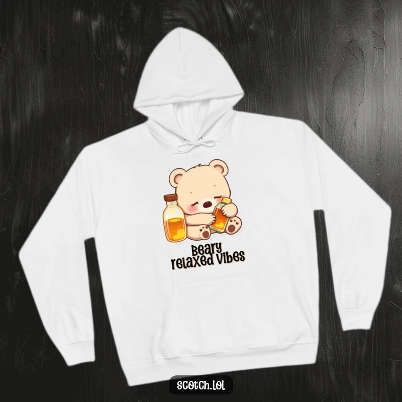 Funny Bear Cub Hoodie showing a contented cub snuggled with a glowing bottle, combining ultimate coziness with gentle humor.