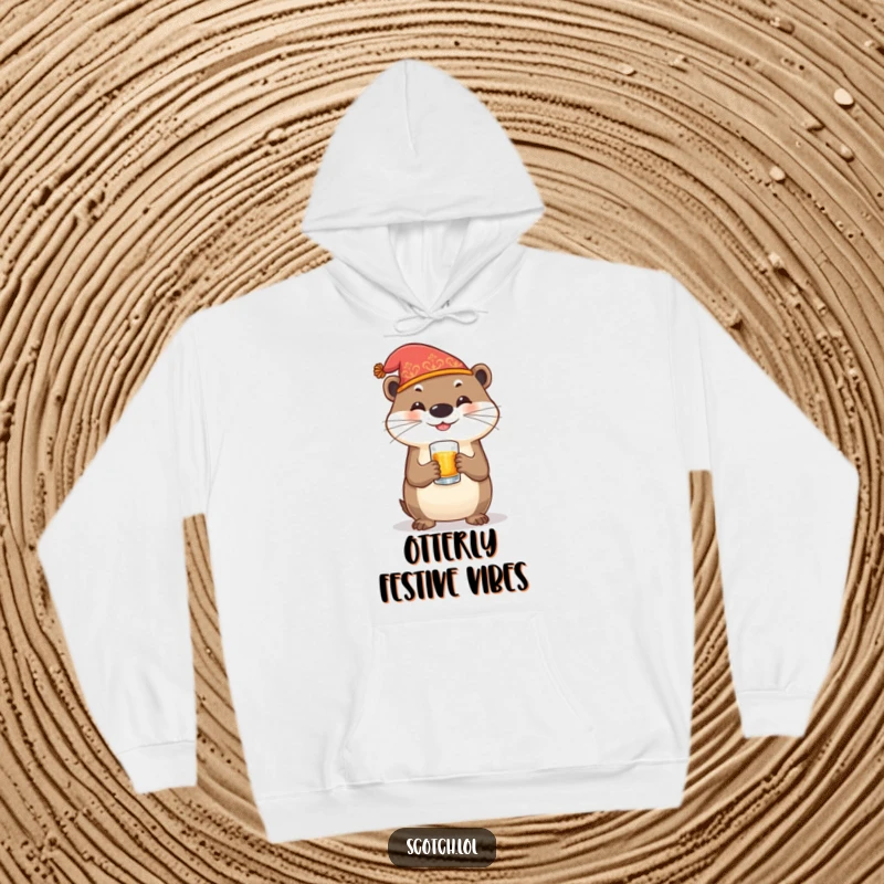 Funny Otter Hoodie showing a happy otter in a festive hat with a whiskey glass, combining warmth with playful humor.