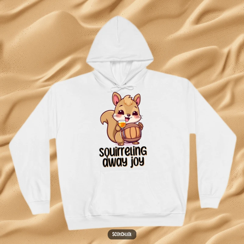 Funny Squirrel Hoodie showing a cheerful squirrel toasting with a tiny barrel, combining cozy warmth with spirited humor.