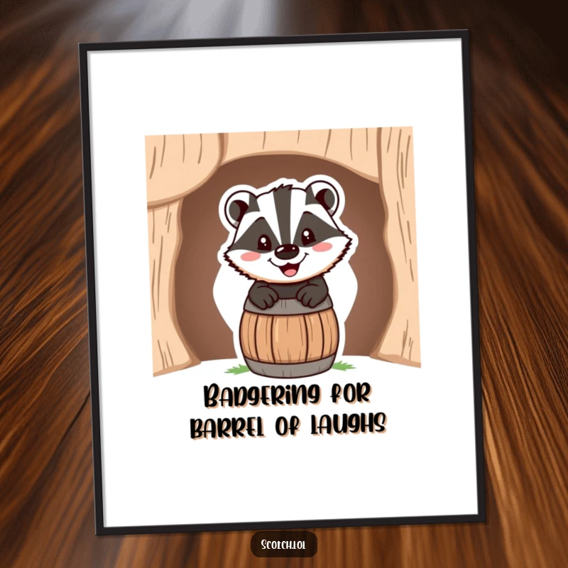 Funny Free Printable Wall Art: A cheerful badger peeking from a miniature barrel, a humorous piece of downloadable art for any room.