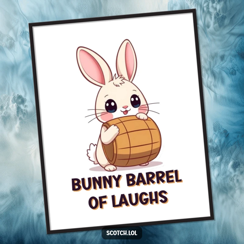 Funny Free Printable Wall Art: A playful rabbit balancing a small barrel on its nose, a charming and humorous piece of downloadable art.