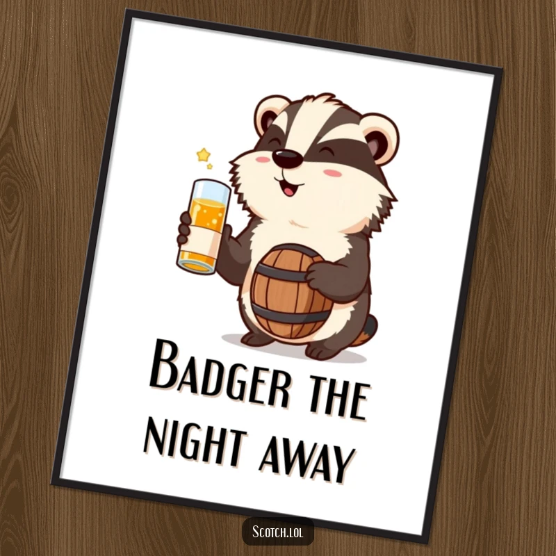 Funny free printable wall art: A happy badger character raises a miniature whisky barrel, ready to celebrate or toast.