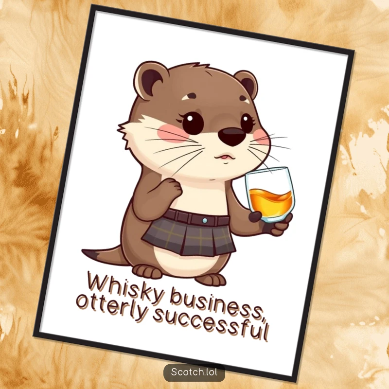 Funny free printable wall art: A cute otter character in a kilt happily sips from a whisky glass, highland decor.